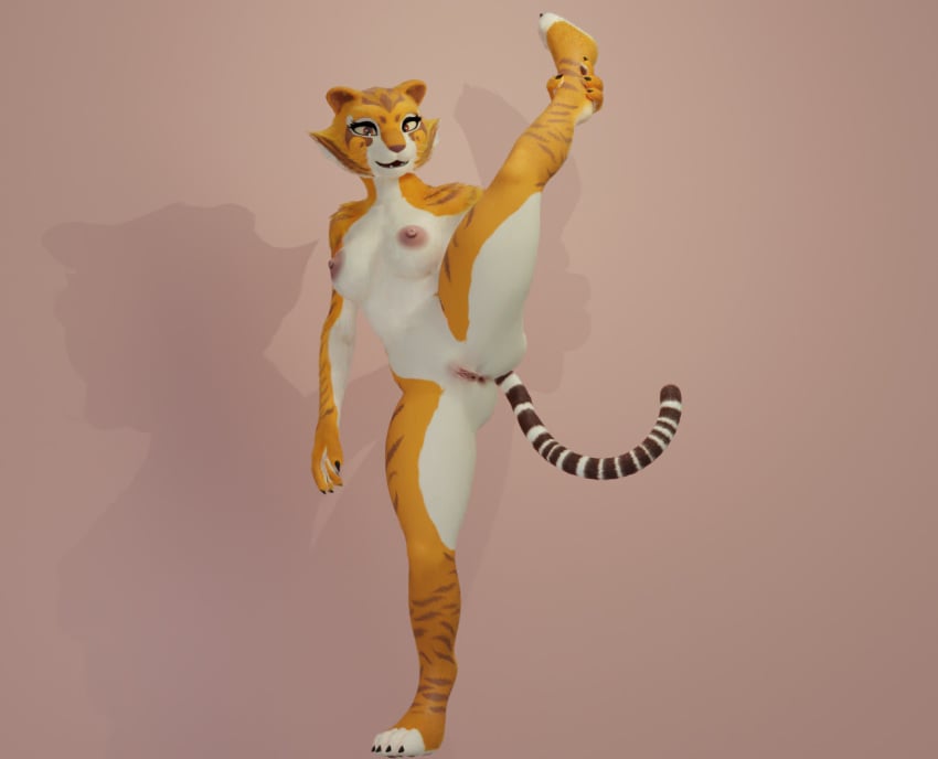 3d_(artwork) anthro breasts digital_media_(artwork) dreamworks duo felid female fur genitals itmy09 kung_fu_panda looking_at_viewer mammal master_tigress nipples nude pussy simple_background solo stretching stripes