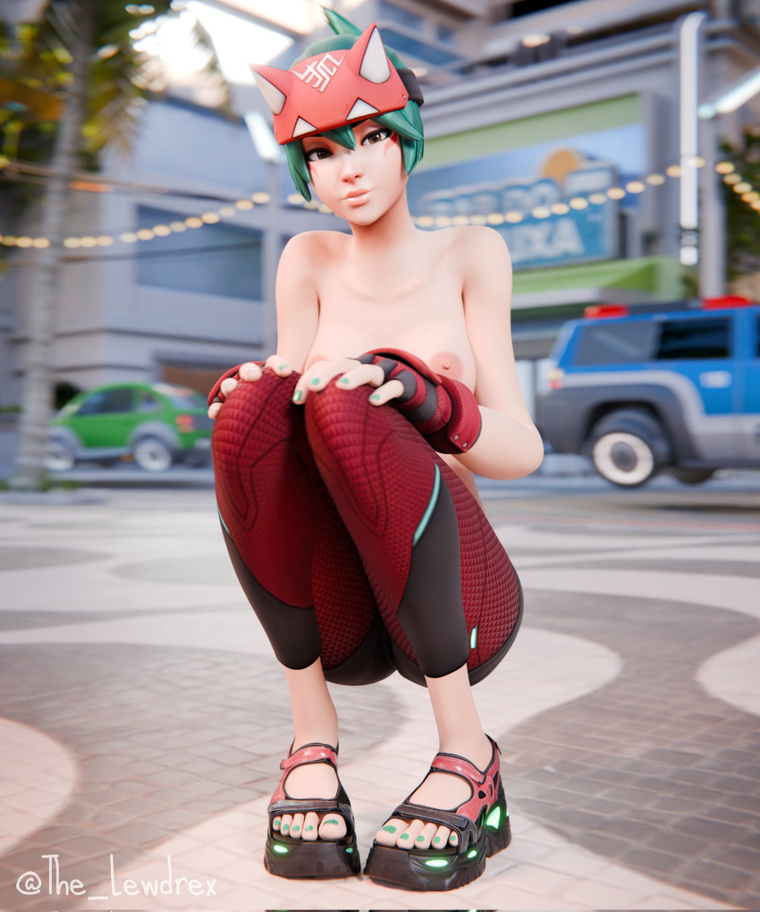 1girls 2024 3d areolae asian asian_female blender blizzard_entertainment bottomwear breasts exhibitionism face_markings facial_markings female female_focus female_only green_hair half-dressed half_naked headband headwear hi_res highres japanese japanese_female kiriko_(overwatch) kiriko_kamori leggings lewdrex light-skinned_female light_skin looking_at_viewer medium_breasts nipples outdoor_nudity outdoors outside overwatch overwatch_2 presenting presenting_breasts public public_nudity solo solo_focus squat squatting squatting_position tease teasing topless watermark