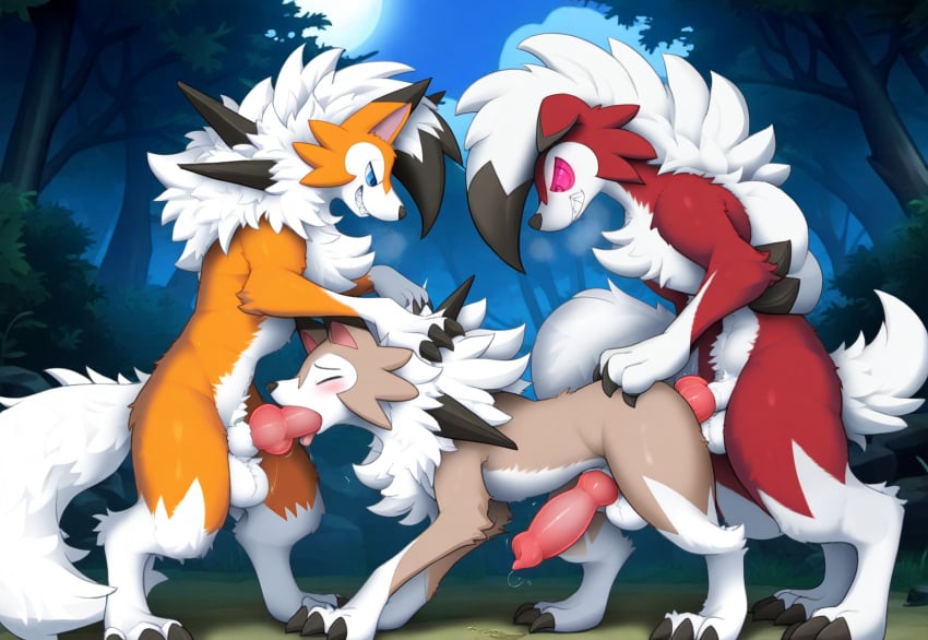 ai_generated anal anal_sex anatomically_correct anatomically_correct_genitalia animal_genitalia animal_penis balls bodily_fluids canid canine canine_penis claws closed_eyes detailed detailed_background detailed_fur director_firewolf dusk_lycanroc fellatio feral feral_on_feral forest gay generation_7_pokemon genital_fluids genitals grin group group_sex hi_res knot looking_at_another looking_at_partner lycanroc male male/male mammal midday_lycanroc midnight_lycanroc moon night novelai oral oral_penetration outside paws penetration penile penis plant pokemon_(species) precum sex smile spitroast toe_claws tongue tongue_out tree trio