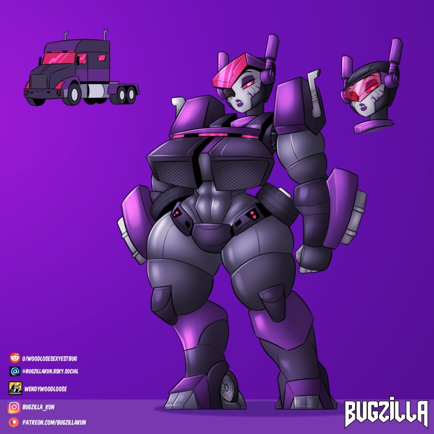 1girls alternate_color bugzilla fan_character female female_only grey_skin oc original_character panties purple_background purple_lipstick purple_panties red_eyes robot robot_girl robot_humanoid simple_background solo solo_female thick_thighs transformers truck