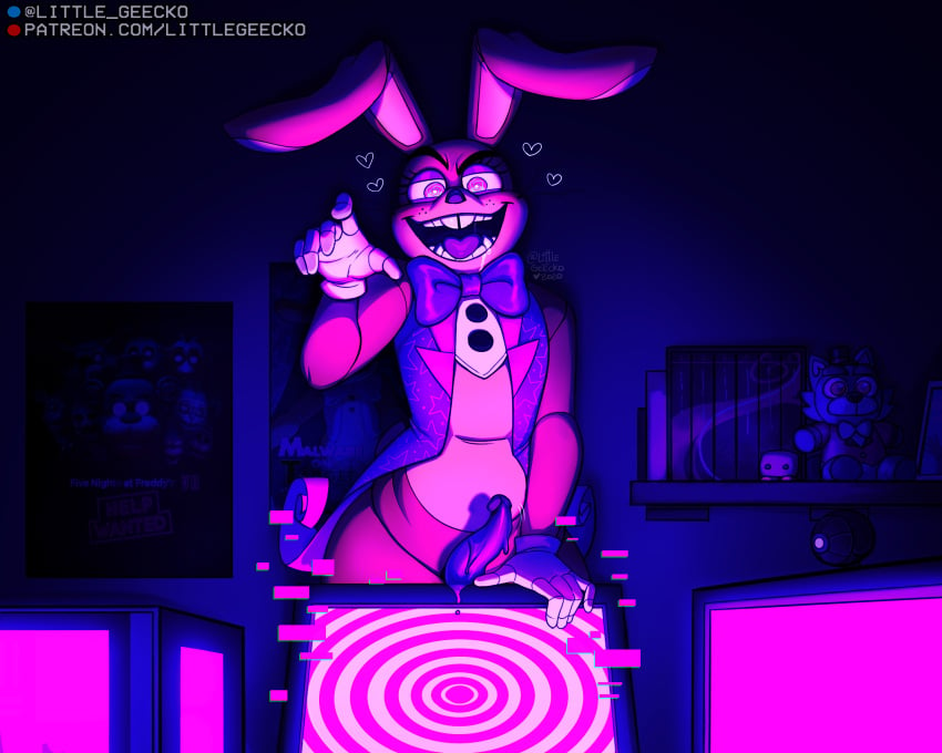 1boy bookshelf bowtie bunny_ears buttons clothing computer erect_penis erection five_nights_at_freddy's five_nights_at_freddy's:_help_wanted fur glitchtrap gloves littlegeecko male male_only penis penis_out plushie rabbit rabbit_ears solo tongue