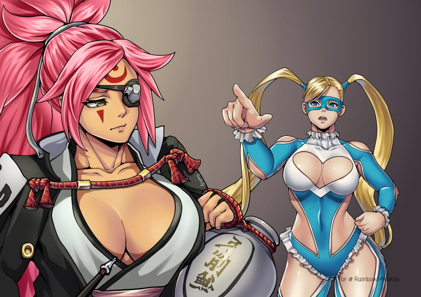 2girls baiken big_breasts big_thighs black_clothing blonde_female blonde_hair blonde_hair_female blue_clothing blue_eyes breasts crossover eyepatch female female_only guilty_gear guilty_gear_strive huge_breasts jacket japanese_text large_breasts light-skinned_female light_skin long_hair midriff multiple_girls pink_hair ponytail rainbow_mika red_hair street_fighter text thighs thotlerrr toned toned_body toned_female toned_stomach treartz