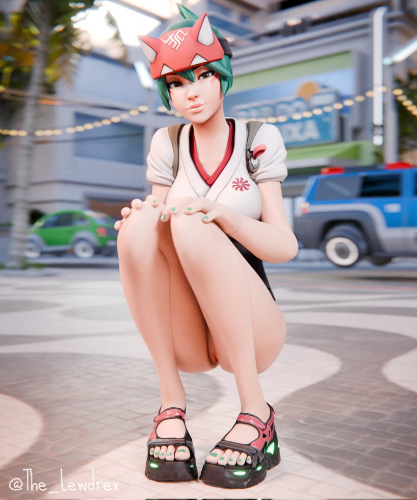 1girls 2024 3d asian asian_female blender blizzard_entertainment bottomless exhibitionism face_markings facial_markings female female_focus female_only green_hair half-dressed half_naked headband headwear hi_res highres japanese japanese_female kiriko_(overwatch) kiriko_kamori lewdrex light-skinned_female light_skin looking_at_viewer outdoor_nudity outdoors outside overwatch overwatch_2 presenting presenting_pussy public public_nudity pussy pussy_lips pussy_peek solo solo_focus squat squatting squatting_position tease teasing topwear vagina watermark