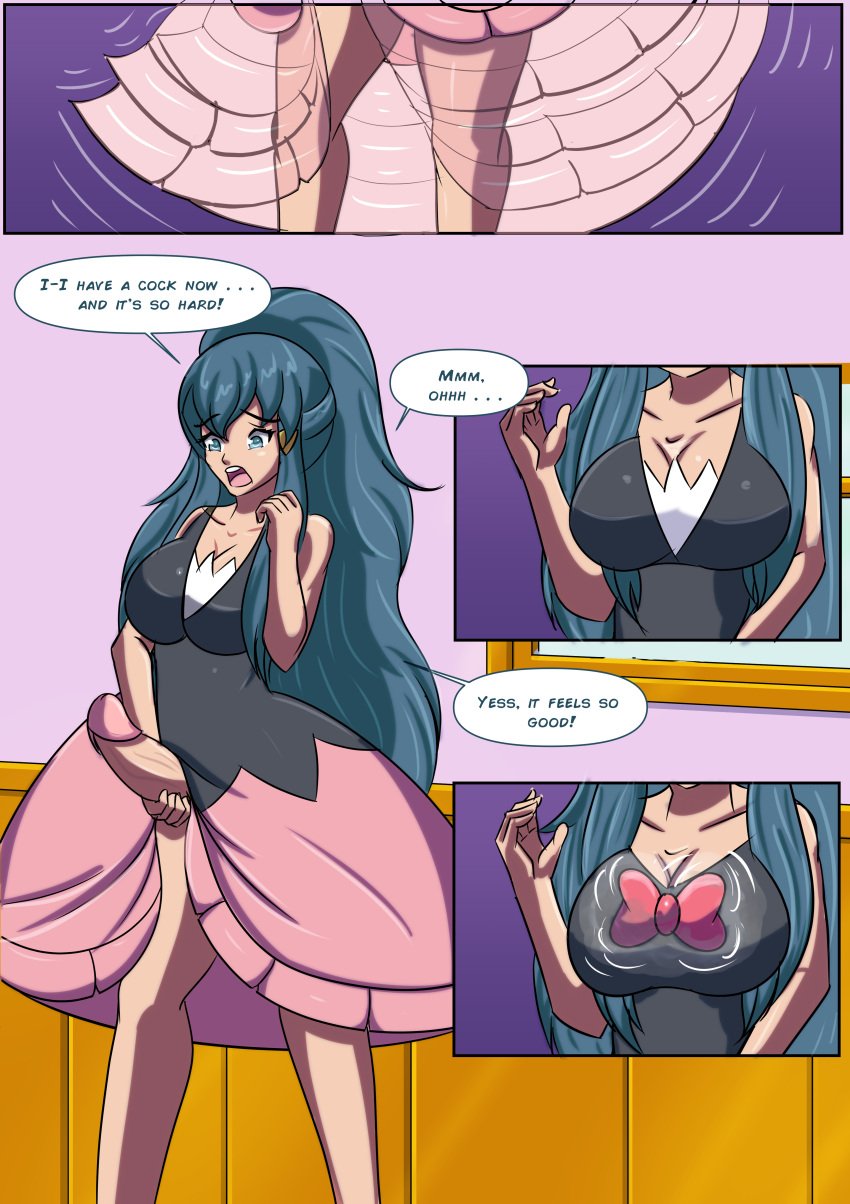 1futa absurd_res beforu big_breasts blue_eyes blue_hair breasts cleavage clothed clothing comic comic_page dawn_(pokemon) dialogue dickgirl digital_art digital_drawing_(artwork) digital_media digital_media_(artwork) dress english_text erect_penis erection female_to_futa flechitas futa_focus futanari futanari_transformation futanarization gender_transformation gynomorph hair hand_on_penis hi_res human intersex light-skinned_futanari light_skin long_hair mind_control mostly_clothed nintendo penis pokemon princessification skirt skirt_lift solo_focus speech_bubble standing text text_bubble transformation transformation_sequence transformation_through_magic