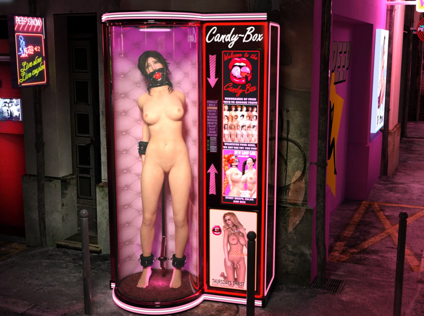 3d ball_gag bondage bound bound_ankles bound_wrists collar completely_nude completely_nude_female female gag gagged human lara_croft nude nude_female pale_skin public samsa23 slave_collar tomb_raider vending_machine