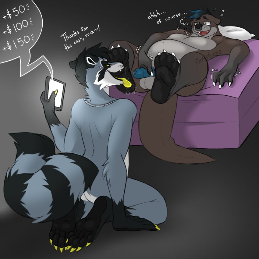 anthro duo feet fetishame fluffy fluffy_tail foot_fetish hi_res kneeling male male/male mammal mustelid open_mouth otter pawpads procyonid raccoon reno_(raccoon) tail tongue tongue_out