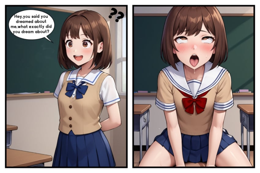 ahe_gao ahegao_face ai_generated before_sex brown_eyes brown_hair clases classroom comic cowgirl_position dream female_focus female_only fornicatorxd_nsfw grown_up male_penetrating_female male_pov oc original_character panel rolling rolling_eyes school school_girl school_uniform schoolgirl sex shirt skirt submissive submissive_female uniform young younger_female