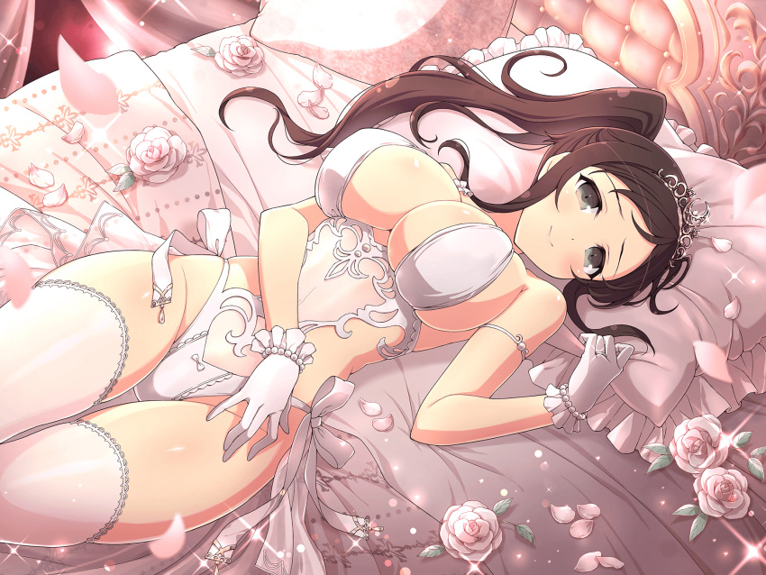 arm_on_stomach bare_arms bare_shoulders bed bed_sheet big_breasts black_eyes blush body_blush bra breasts bride brown_hair cleavage closed_mouth gloves lingerie long_hair lying marvelous murakumo_(senran_kagura) official_art panties petals ponytail senran_kagura senran_kagura_new_link shiny_skin sideboob smile thick_thighs thighhighs thighs tiara underwear wedding_lingerie wedding_ring white_bra white_gloves white_panties white_thighhighs yaegashi_nan