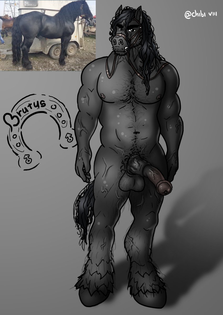 absurd_res animal_genitalia animal_penis big_penis black_body chibi_viii dark_body dark_skin equid equine equine_genitalia equine_penis gay genitals hair hi_res horse long_hair male mammal muscular penis photo_reference pubes reference_image solo