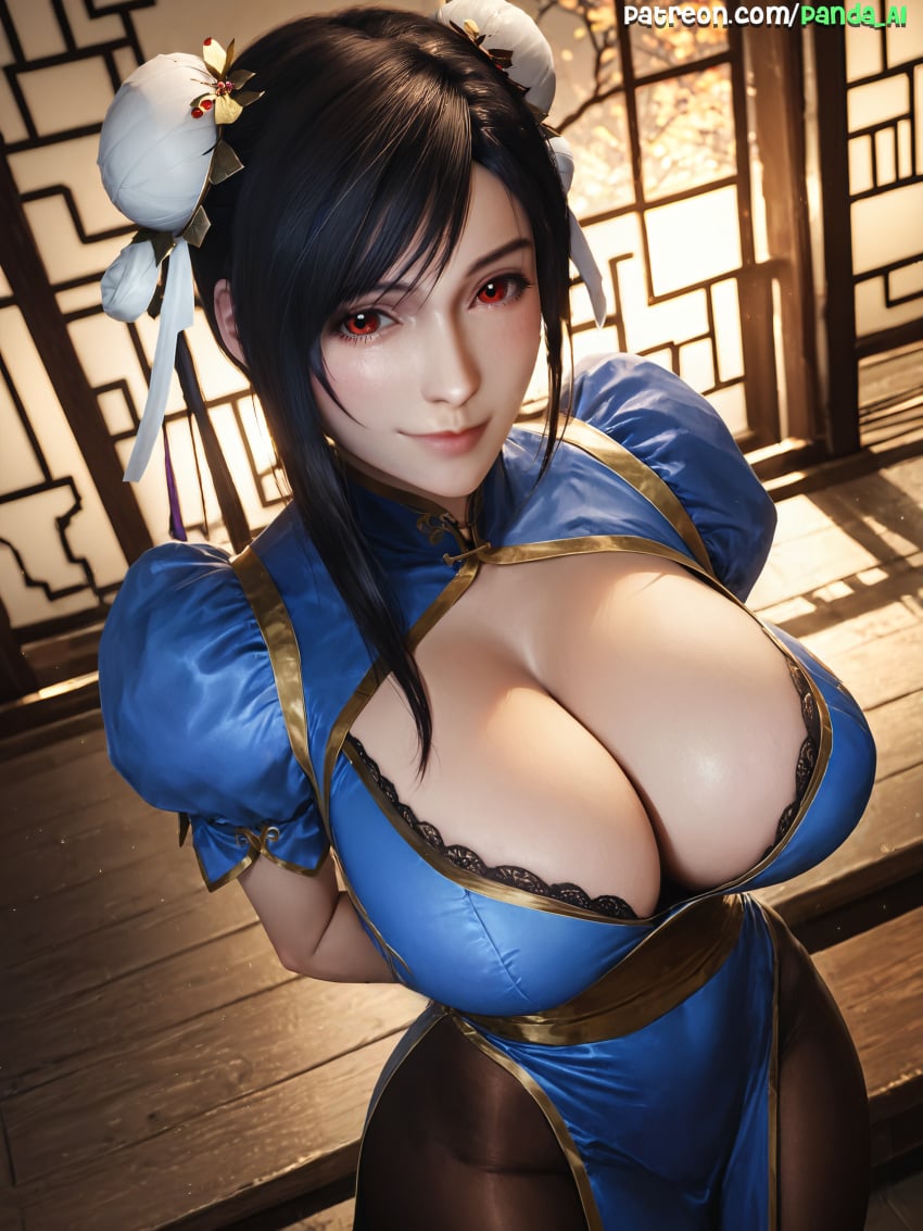 1girls absurd_res ai_generated alternative_hairstyle arms_behind_back big_breasts black_hair blue_dress breasts china_dress chinese_clothes chun-li chun-li_(cosplay) cleavage cleavage_cutout cosplay cutout female final_fantasy final_fantasy_vii final_fantasy_vii_rebirth final_fantasy_vii_remake from_above gigantic_breasts gold_trim hairbuns hands hi_res highres huge_breasts large_breasts looking_at_viewer panda-ai panda_ai pantyhose pelvic_curtain posing puffy_sleeves red_eyes sash short_hair short_sleeves smiling smiling_at_viewer solo solo_female solo_focus stable_diffusion standing street_fighter tifa_lockhart