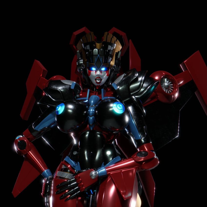 1girls 3d big_breasts black_body blue_eyes blue_nipples breasts busty cosmic_trance female female_only glowing_eyes mechanical_wings nipples red_lipstick robot robot_girl robot_humanoid solo solo_female transformers windblade wings