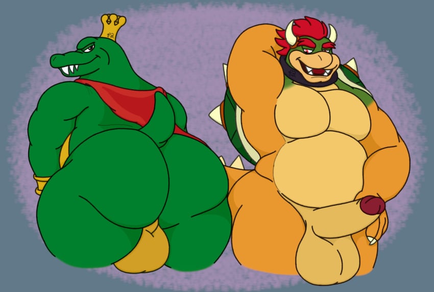 anthro ass backsack balls belly big_balls big_butt big_pecs big_penis bowser bowser_day bracelet brown_eyes cape clothing collar crocodilian crown donkey_kong_(series) duo erection fat fat_ass fat_belly genitals gold_balls hair hand_behind_head hand_on_hip headgear hi_res jewelry k_rool koopa kremling looking_at_butt looking_back male male/male mario_(series) mostly_nude muscular nintendo obese obese_anthro obese_male open_mouth overweight overweight_anthro overweight_male pecs penis presenting presenting_hindquarters presenting_penis raised_tail red_eyes red_hair reptile scalie shell spiked_shell spiked_tail spikes spikes_(anatomy) tail teeth thick_thighs tongue waniiime_(artist)