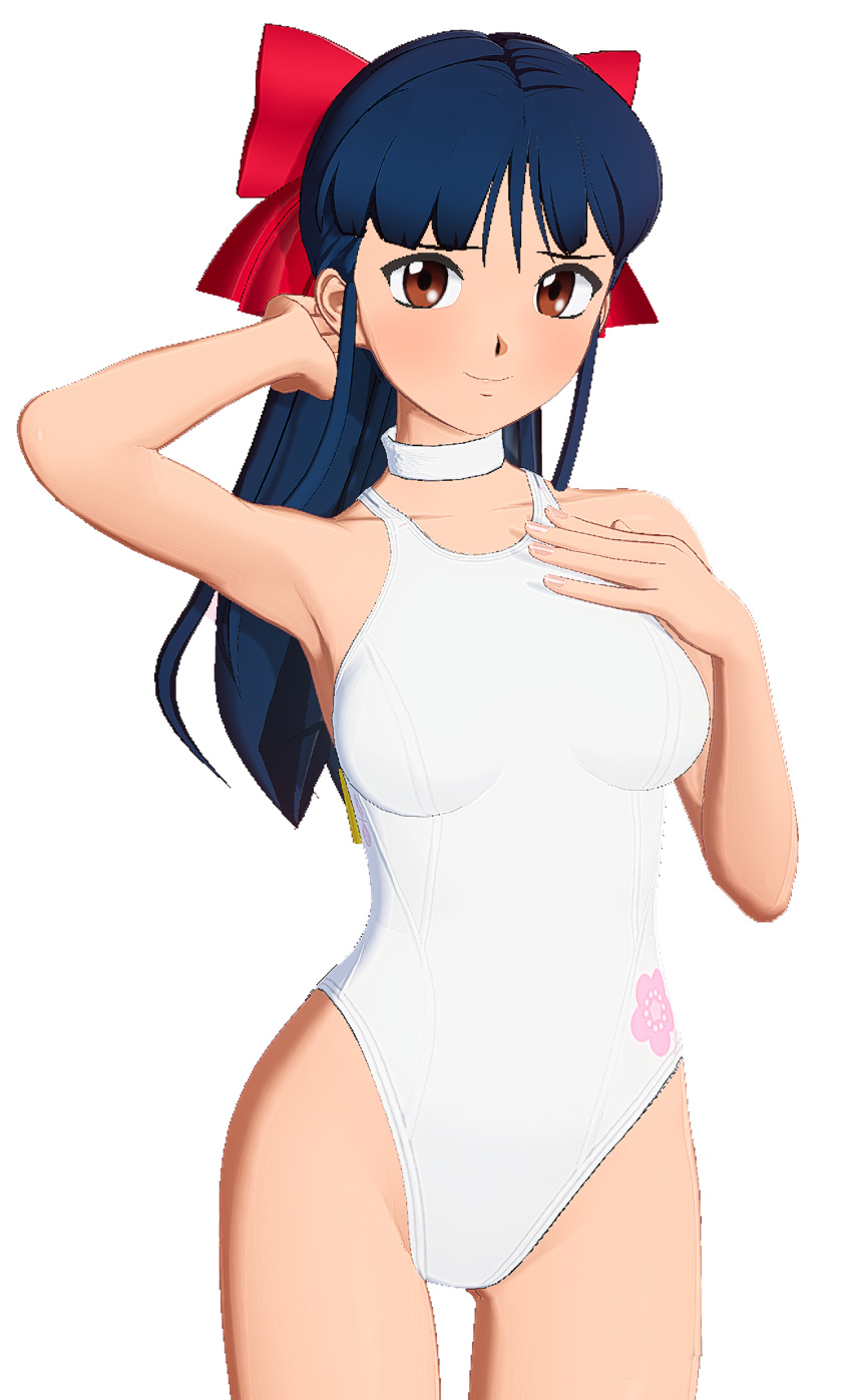 1girls arm_behind_head armpits big_breasts blue_hair blush bow breasts brown_eyes busty female female_only hair_ribbon hand_on_own_chest large_breasts legs long_hair looking_at_viewer one-piece_swimsuit ponytail pose posing red_bow ribbon sakura_shinguji sakura_wars sega smile solo swimsuit thighs