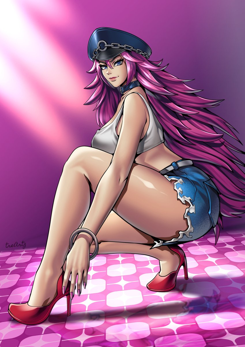 1girls ass ass_focus big_breasts big_thighs blue_eyes breasts chains choker female female_only final_fight fully_clothed hat heels jean_shorts light-skinned_female light_skin long_hair mature_female midriff milf painted_fingernails painted_nails pink_hair poison_(final_fight) purple_hair sharp_fingernails sharp_nails smile smiling solo solo_female street_fighter street_fighter_v thighs thotlerrr treartz white_clothing