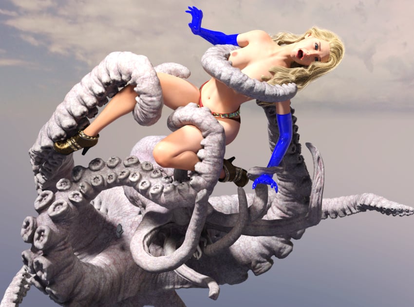 1girls 3d blonde_hair blue_gloves elbow_gloves gloves monster octopus original samsa23 tentacle topless zoophilia