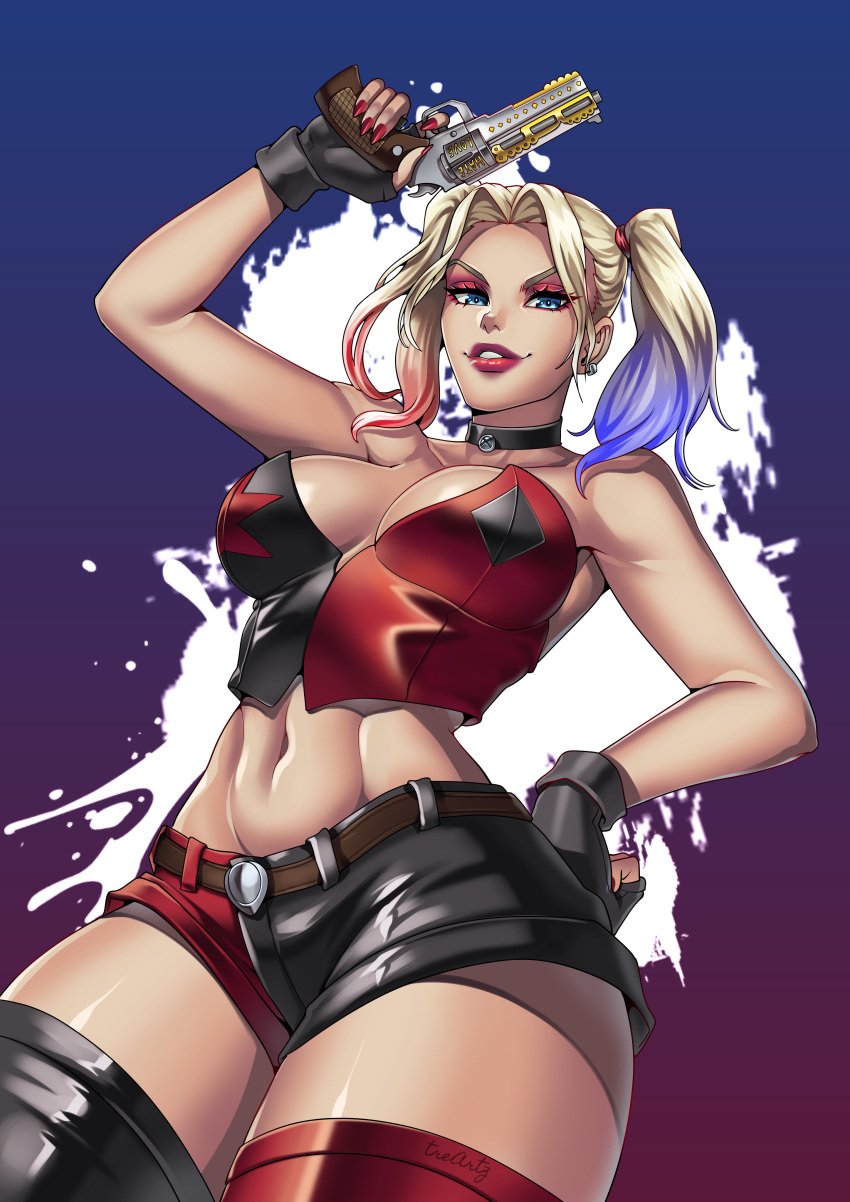 belt big_breasts black_clothing blonde_female blonde_hair blonde_hair blonde_hair_female blue_eyes blue_hair breasts dc dc_comics dyed_hair female fingerless_gloves gradient_hair gun harley_quinn light-skinned_female light_skin mascara red_clothing red_hair shorts smile smiling solo solo_female thotlerrr treartz twintails weapon