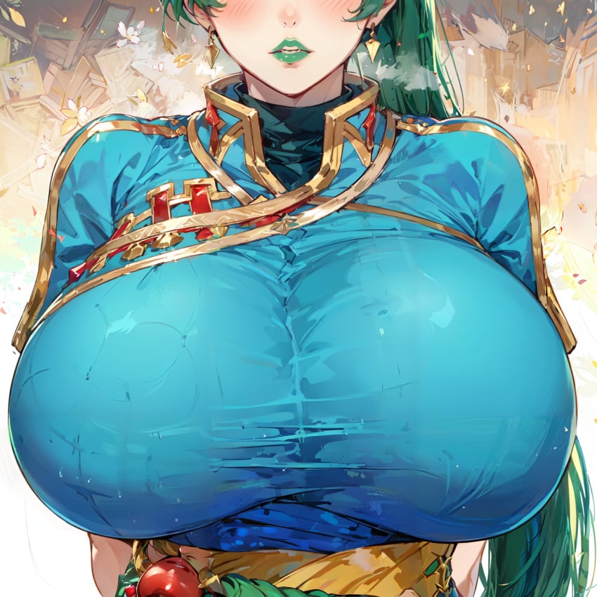 1girls ai_generated big_breasts blue_clothing blush blushing_at_viewer breast_bigger_than_head breast_bulge breast_focus breasts_bigger_than_torso breasts_squeezed_together female fire_emblem fire_emblem:_the_blazing_blade gifted11 gold_earrings green_hair green_lipstick heavy_blush huge_breasts long_hair lyn_(fire_emblem) lyndis_(fire_emblem) massive_breasts nintendo sash solo solo_female teeth_clenched tight_clothing