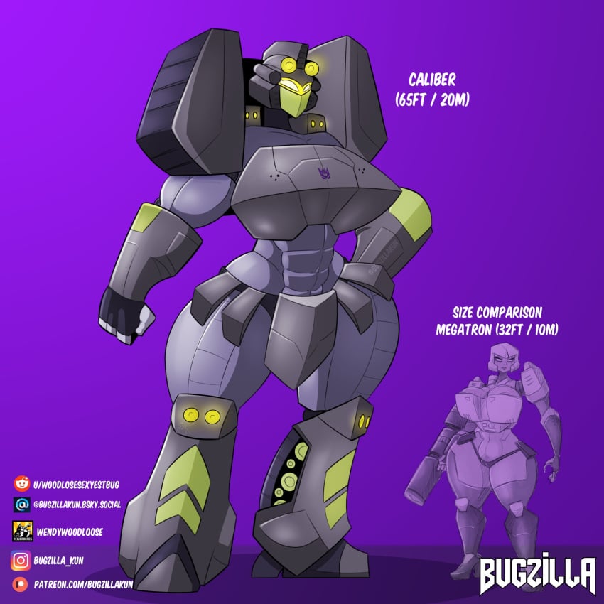 2girls big_breasts breasts bugzilla caliber_(transformers) fan_character hand_on_hip mask masked masked_female oc original_character purple_background robot robot_girl robot_humanoid size_difference skirt taller_girl thick_thighs transformers