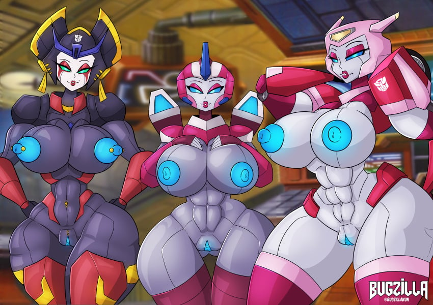 3girls abs arcee autobot big_breasts blue_eyes blue_nipples blue_pussy breasts bugzilla busty caressing_breasts clitoris elita_one female female_autobots female_only giant_breasts green_eyes grey_skin huge_breasts looking_at_viewer multiple_girls nipples pierced_nipples pink_lipstick puffy_nipples pussy red_lipstick robot robot_girl robot_humanoid thick_thighs transformers vagina white_skin wide_hips windblade