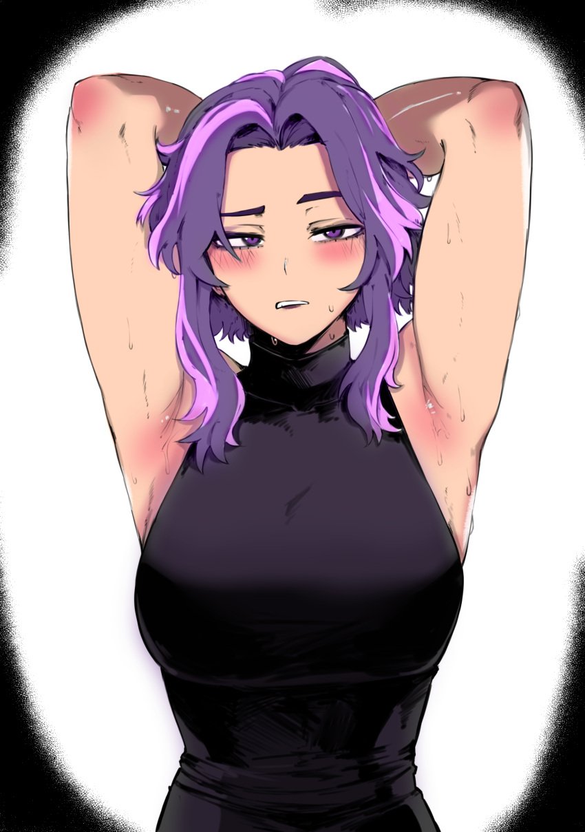 2d 2d_(artwork) armpits arms_behind_head big_breasts breasts clothed color color_edit colored fit_female kaina_tsutsumi lady_nagant masoq095 my_hero_academia purple_eyes purple_hair solo solo_female solo_focus tagme tsutsumi_kaina