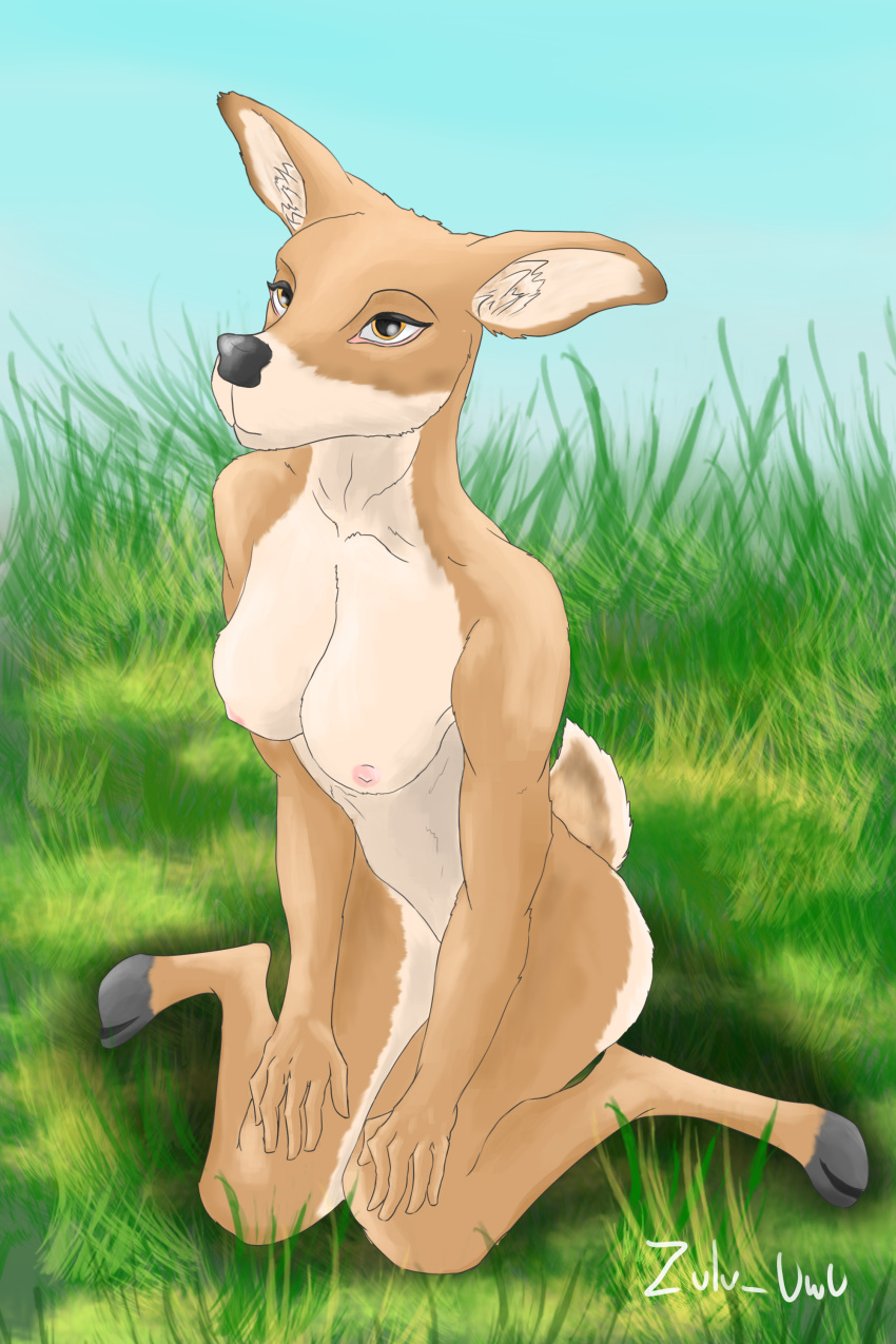 absurd_res anthro cloven_hooves deer detailed_background female grass hi_res hooves kneeling mammal nipples nude orange_eyes outside plant short_tail solo solo_focus tail unguligrade unguligrade_anthro zulu_uwu