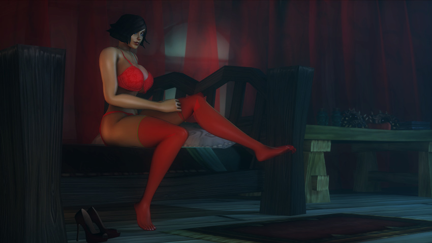 1girls 2019 3d big_breasts black_hair blizzard_entertainment blue_eyes bra breasts female female_only high_heels human human_rogue latex_stockings legs legwear open_toe_shoes red_underwear rogue_(warcraft) sitting stockings thong underwear vanessa_vancleef warcraft world_of_warcraft zentaeron