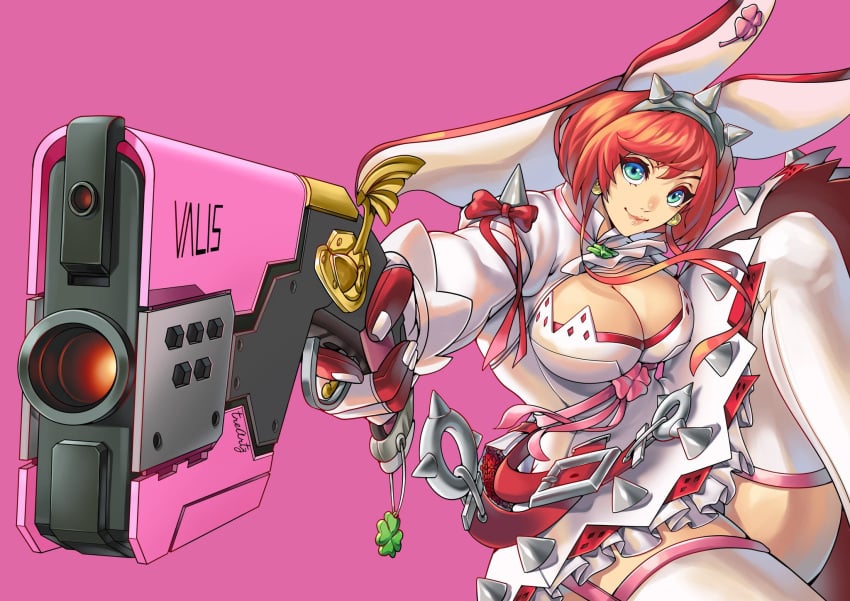 big_breasts blue_eyes breasts elphelt_valentine female gloves guilty_gear guilty_gear_xrd gun light-skinned_female light_skin long_hair red_hair short_hair smile smiling solo solo_female thighhighs thotlerrr treartz weapon white_clothing white_hair