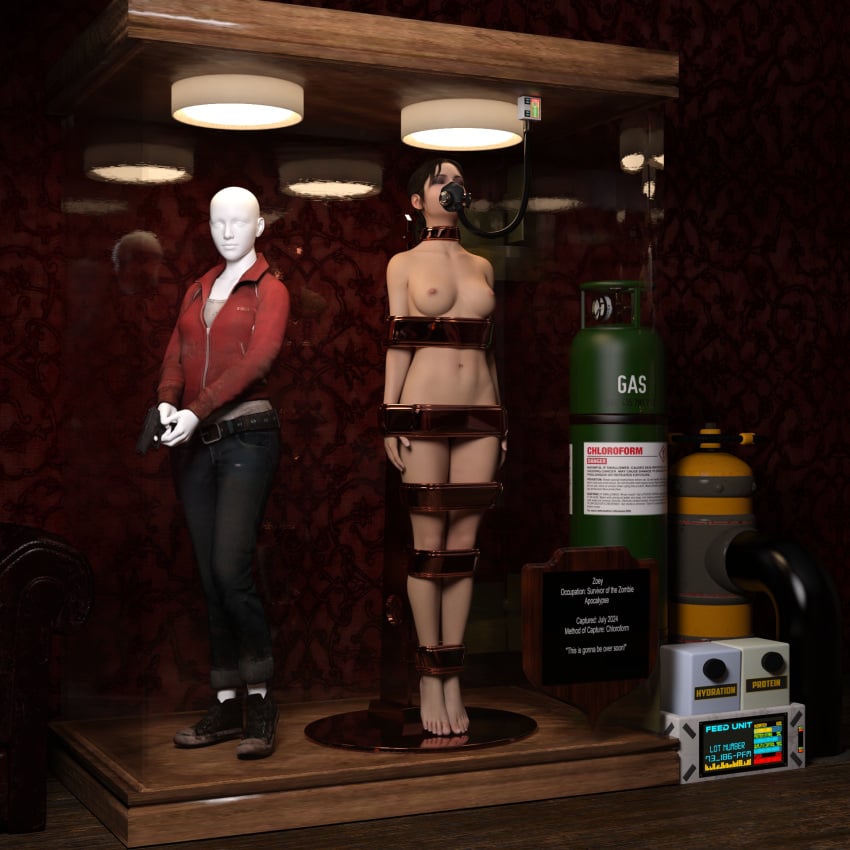 3d bondage bound bound_arms bound_legs brown_hair left_4_dead mannequin nude nude_female oldmanjaay trophy_case zoey_(left_4_dead)