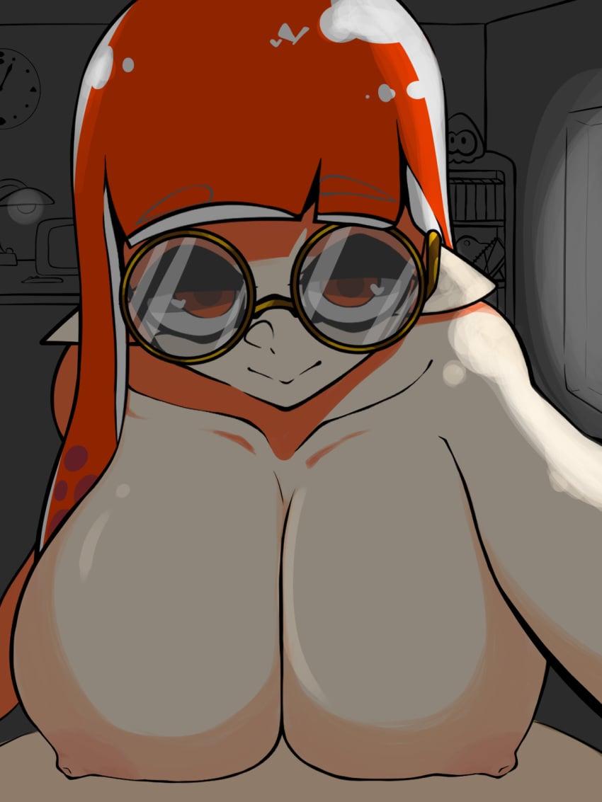 1boy 1girls atros_(misstta_neutral) breasts cleavage glasses inkling inkling_girl large_breasts long_hair looking_at_viewer naked nintendo nipples nude orange_eyes orange_hair pointy_ears splatoon tentacle_hair