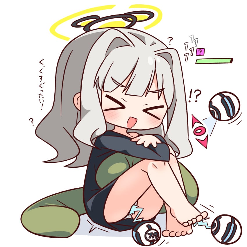 &gt;_&lt; :d ? barefoot black_shirt blue_archive blunt_bangs blush closed_eyes commentary_request female full_body grey_hair halo hana_kazari hare_(blue_archive) highres knees_up long_hair long_sleeves open_mouth panties shirt simple_background sitting smile solo tickling tickling_pussy tickling_through_clothing translation_request underwear white_background white_panties xd yellow_halo