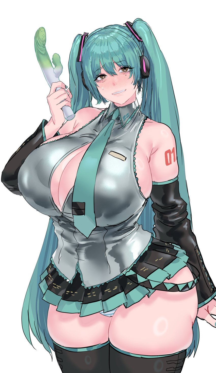 absurdres aqua_hair aqua_necktie bare_shoulders black_sleeves blue_eyes blush borrowed_hairstyle breasts cosplay detached_sleeves dildo female grey_shirt hair_ornament hatsune_miku hatsune_miku_(cosplay) headset highres holding holding_sex_toy large_breasts long_hair looking_at_viewer mashima_jirou mole mole_under_eye necktie open_mouth original pleated_skirt sex_toy shirt skirt sleeveless sleeveless_shirt smile solo thighhighs twintails very_long_hair vocaloid