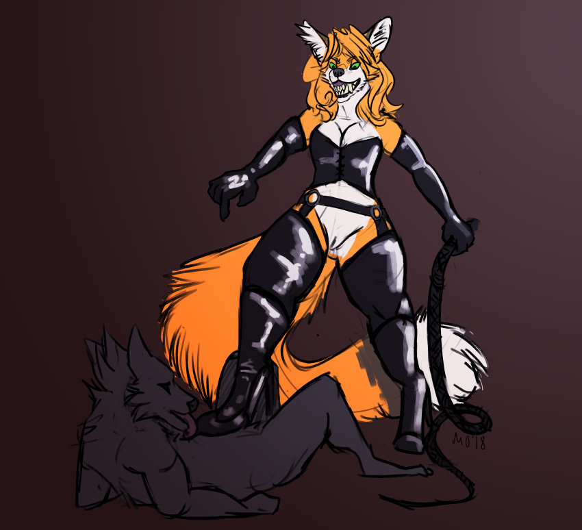 2018 absurd_res anthro breasts canid canine clothing digital_media_(artwork) domination dominatrix duo female female_domination fox gesture hi_res leggings legwear malesub mammal mongrelist nude pointing pointing_down rubber simple_background smile stepped_on stockings teeth vixxen_rosenrot whip