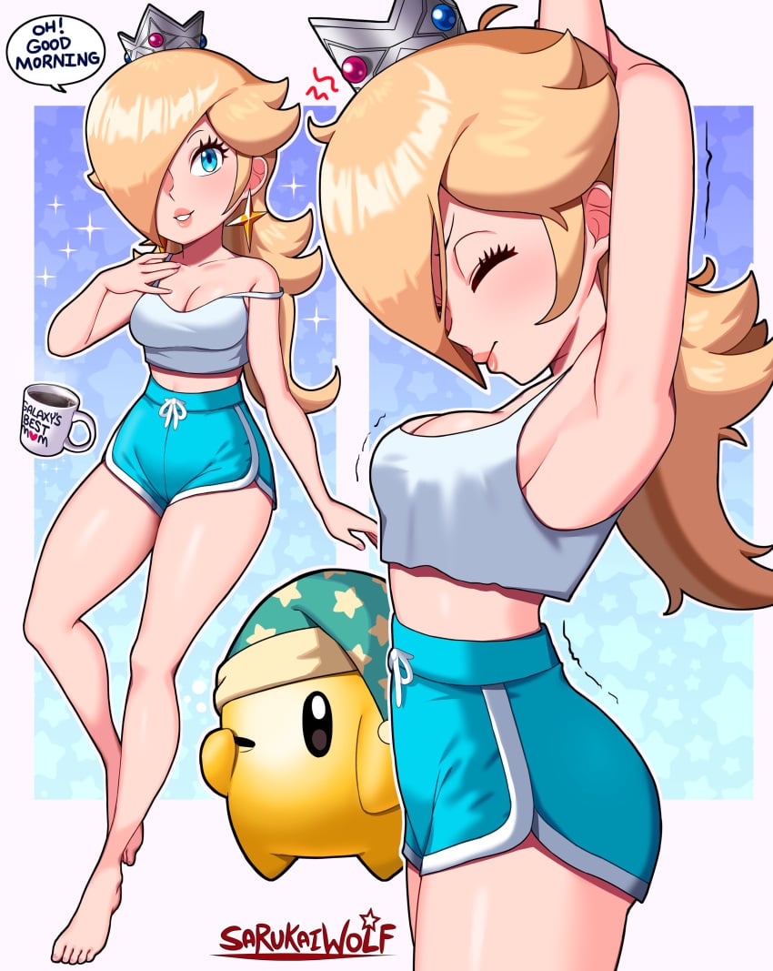 1girls 1other blonde_hair blue_eyes breasts cleavage clothed clothing crown dolphin_shorts earrings english_text female female_focus hair_over_one_eye long_hair luma mario_(series) messy_hair multiple_views nintendo princess_rosalina sarukaiwolf shorts solo solo_focus speech_bubble stretching super_mario_galaxy tank_top text