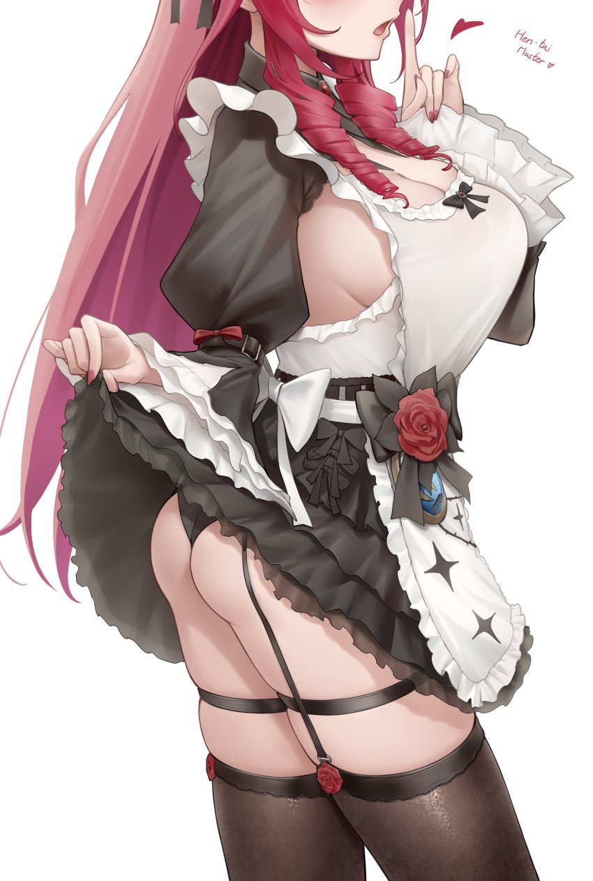 1girls absurdres ass breasts cleavage clothes_lift dress drill_hair frills head_out_of_frame highres hololive hololive_english horns irys_(hololive) irys_(maid)_(hololive) knees_out_of_frame large_breasts long_hair long_sleeves maid official_alternate_costume official_alternate_hairstyle open_mouth panties puffy_sleeves red_hair simple_background skirt skirt_lift solo somebody_(leiking00) underwear virtual_youtuber white_background