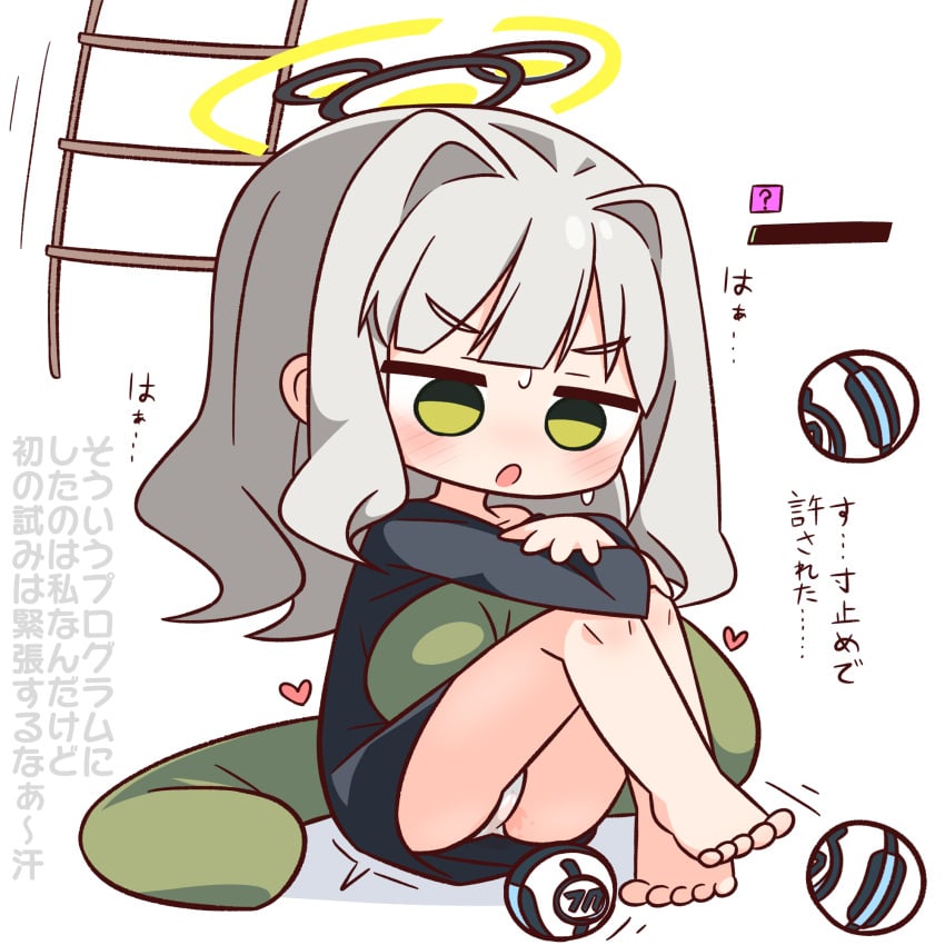 :o ? barefoot black_shirt blue_archive blunt_bangs blush commentary_request empty_eyes female full_body green_eyes grey_hair halo hana_kazari hare_(blue_archive) heart highres knees_up ladder long_hair long_sleeves open_mouth panties pussy_juice shirt simple_background sitting solo sweat translation_request underwear white_background white_panties yellow_halo