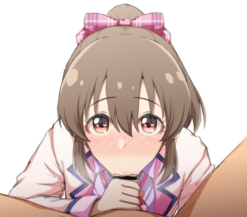 1boy :>= bar_censor bow brown_hair censored eyebrows_visible_through_hair fellatio female hair_between_eyes hairbow highres hori_yuuko idolmaster idolmaster_cinderella_girls jacket long_sleeves looking_at_viewer oral penis pov_crotch simple_background straight wasabi_(nmrw4477) white_background