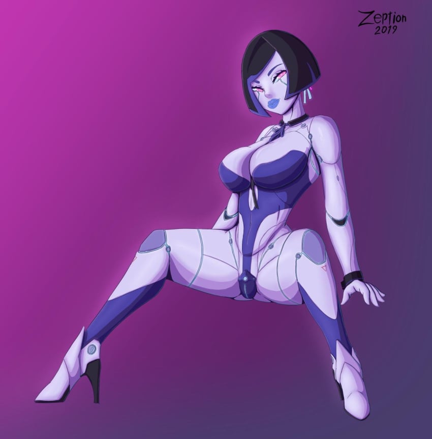 1girls android big_breasts black_hair blue_lipstick bob_cut bolo_tie breasts cleavage demi_(subverse) earrings female female_focus female_only gynoid high_heeled_feet high_heels huge_breasts legs_spread looking_at_viewer mechanical purple_eyes pursed_lips pussy ribbon_choker robot robot_girl robot_pussy solo spread_legs subverse tie wristband zeption