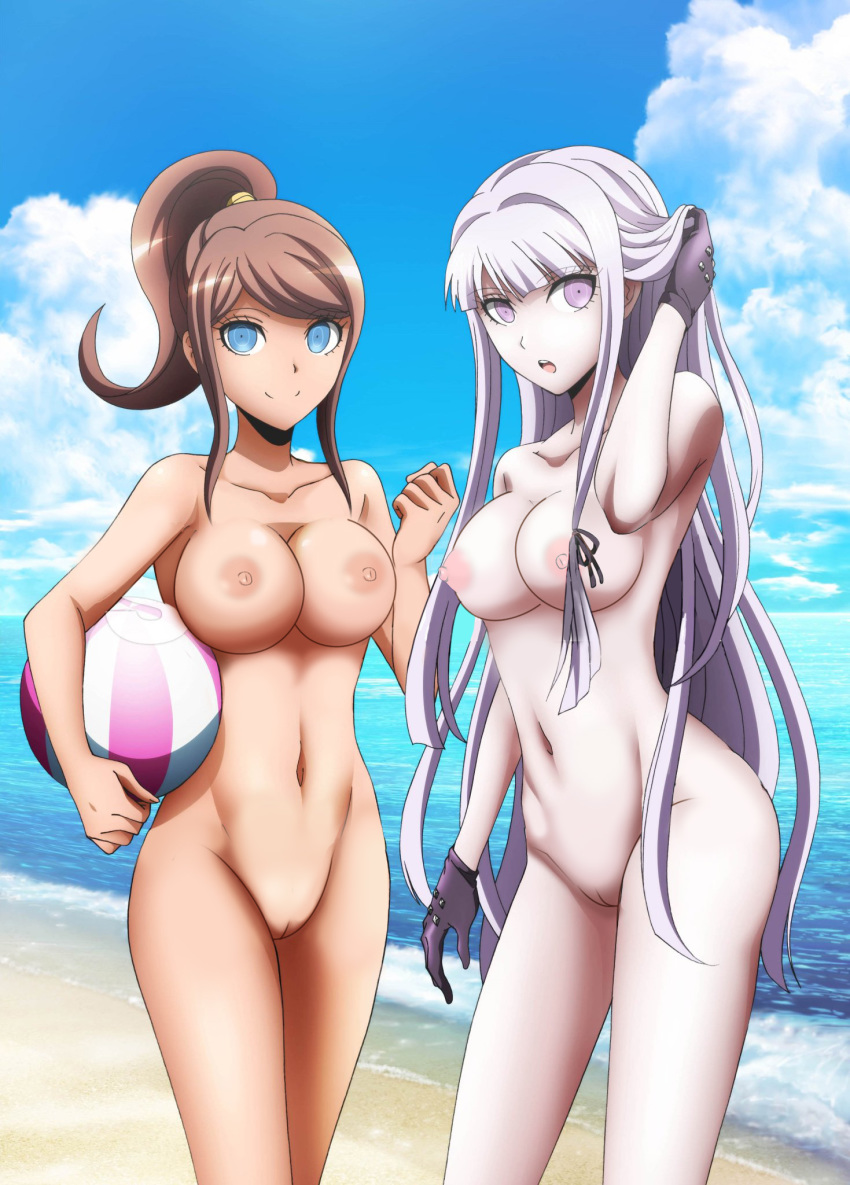 2girls asahina_aoi beach beach_ball breast brown_hair danganronpa female female_only gloves innie_pussy kirigiri_kyouko legs multiple_girls nekomate14_edited nude purple_eyes pussy silver_hair straight_hair