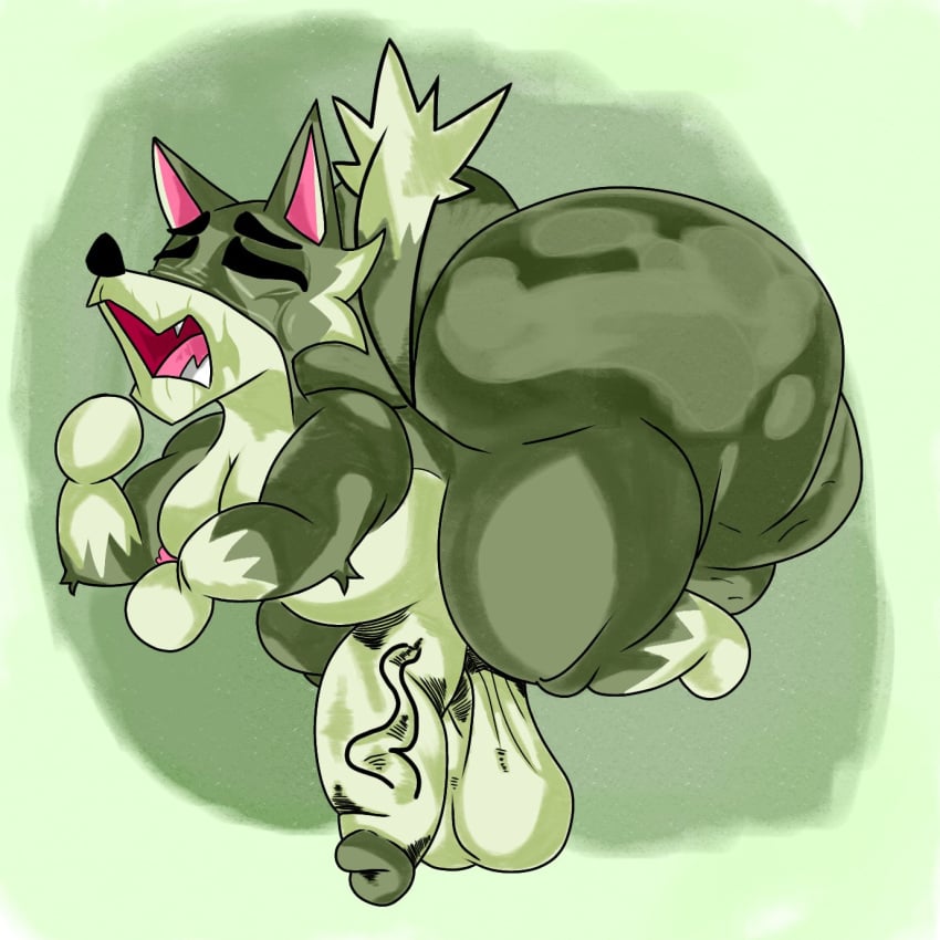 2021 animal_crossing ass balls big_ass canine closed_eyes dobie_(animal_crossing) furry green_background green_body green_fur hoovedleader male male_only nintendo penis thick_thighs thighs wolf