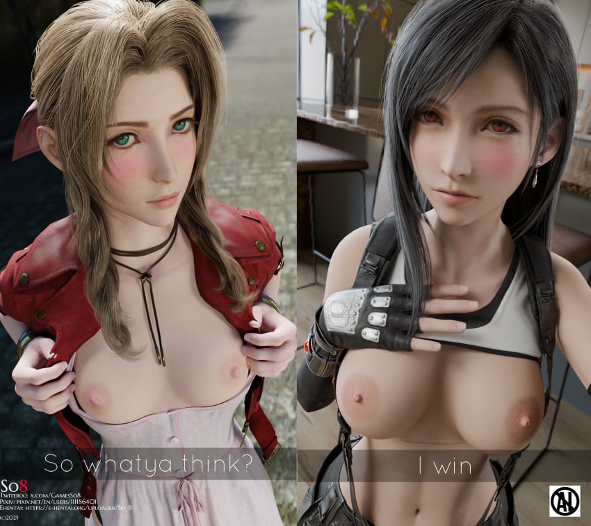aerith_gainsborough blush breasts final_fantasy_vii_remake selfie tifa_lockhart