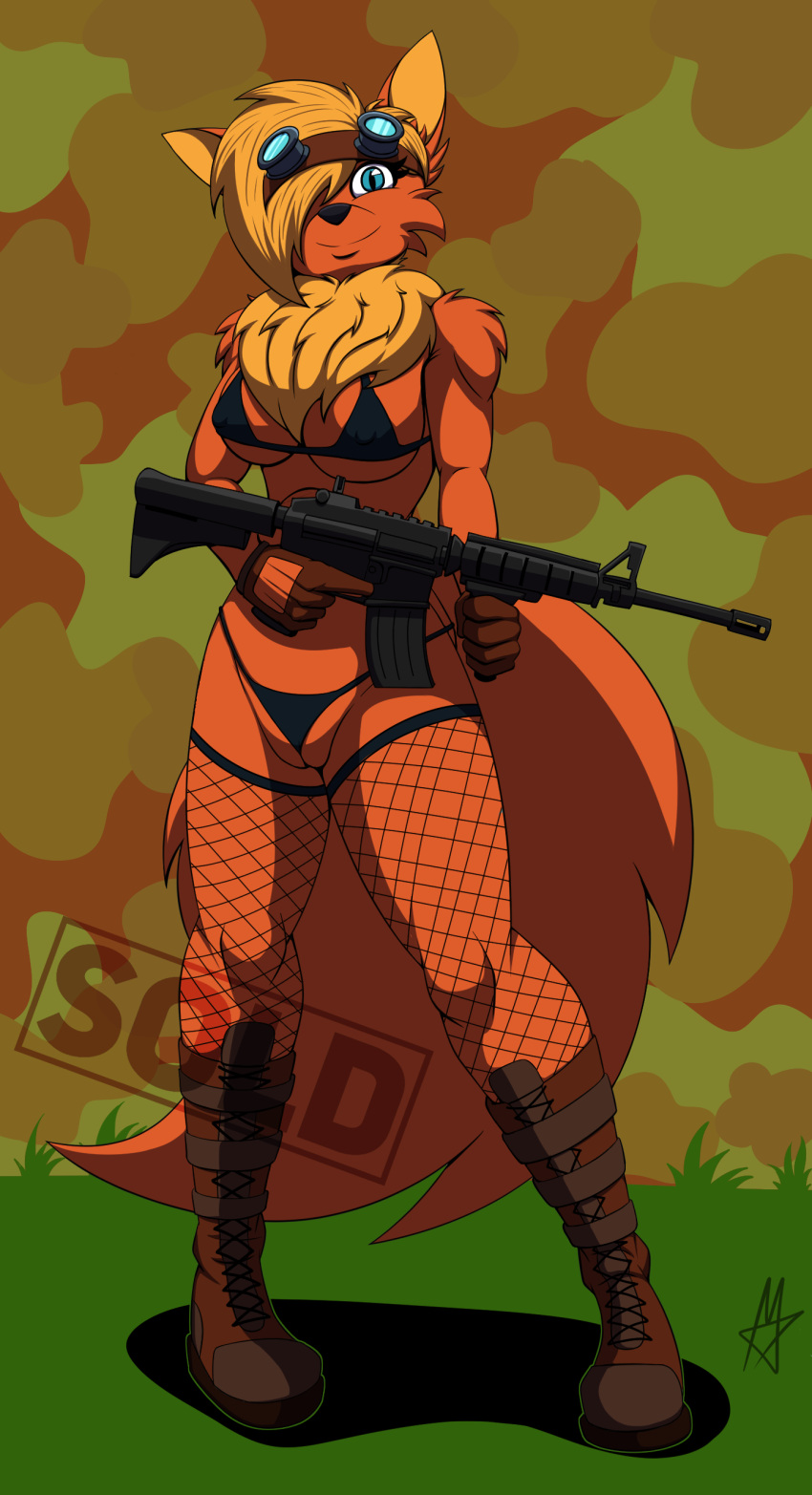 absurd_res anthro bikini canid canine clothed clothing eyewear female fishnet fox g-string genitals goggles gun hi_res hybrid mammal masterzoroark666 pussy pussy_floss ranged_weapon rifle skimpy soldier_boots solo steampunk_goggles strings swimwear underwear weapon