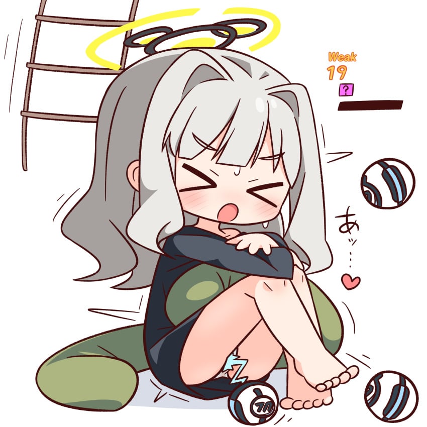&gt;_&lt; :o ? barefoot black_shirt blue_archive blunt_bangs blush closed_eyes commentary_request female full_body grey_hair halo hana_kazari hare_(blue_archive) highres knees_up ladder long_hair long_sleeves open_mouth panties shirt simple_background sitting solo underwear white_background white_panties yellow_halo