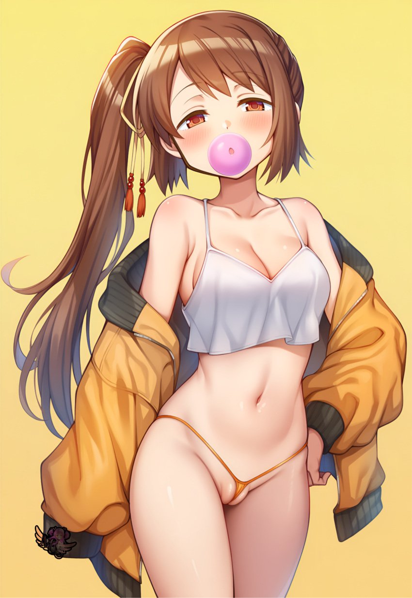 ai_generated artist_logo brown_eyes brown_hair bubble_gum hi_res hourglass_figure jacket madoka_worship magia_record:_mahou_shoujo_madoka_magica_gaiden magical_girl mahou_shoujo_madoka_magica medium_breasts panties ponytail puella_magi_madoka_magica pussy_peek seductive side_ponytail simple_background thong topwear wide_hips yui_tsuruno