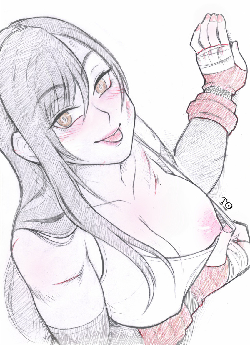 arm_warmers big_breasts black_hair breasts brown_hair busty earrings final_fantasy final_fantasy_vii fingerless_gloves flashing long_hair nipple_slip nipples pink_nipples scar tabletorgy tagme tank_top tank_top_pull tifa_lockhart tongue_out