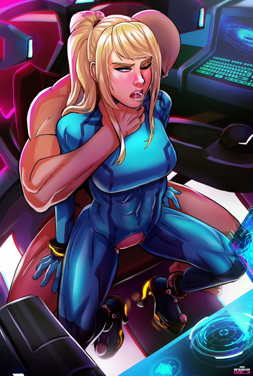 1boy 1girls abs ambiguous_penetration andava asphyxiation blonde_hair blue_eyes blush bodysuit bracelet breasts clothed_female_nude_male faceless_male female female_protagonist from_behind high_heels implied_sex male metroid nintendo one_eye_closed open_mouth ponytail reverse_upright_straddle samus_aran sex sidelocks sitting skin_tight strangling toned_female torn_bodysuit torn_clothes zero_suit zero_suit_samus