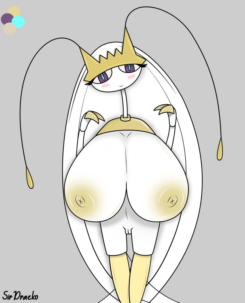 1girls 2019 2_fingers alien antenna_hair antennae anthro anthrofied areolae arthropod bad_anatomy big_breasts big_nipples blush bottomless breast_focus breasts busty claws cleft_of_venus crown eyelashes female full_cleavage furry game_freak ghost_nipples grey_background huge_areolae huge_breasts hyper hyper_breasts insect insect_ears insect_girl inverted_nipples light_blue_eyes long_breasts long_neck nintendo nipples nude pale pale_skin pheromosa pokemon pokemon_(species) pokemon_sm purple_eyes pussy signature simple_background sirdraeko solo source_request text thigh_gap toony topless udders vagina watermark white_skin yellow_nipples yellow_skin