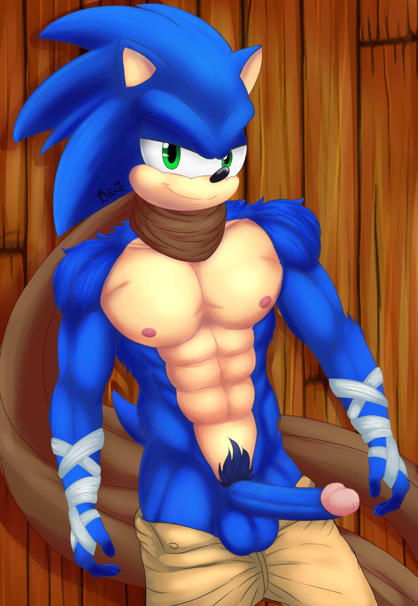 abs anthro balls bandage bandages biceps big_muscles blue_fur brown_pants brown_scarf clothed clothing dgemporium fur green_eyes half-closed_eyes hi_res humanoid_penis looking_at_viewer male male_only muscular muscular_male nipples pants_down pants_open penis penis_out pubes scarf seductive_look seductive_smile smiling_at_viewer solo sonic_(series) sonic_boom sonic_the_hedgehog topless