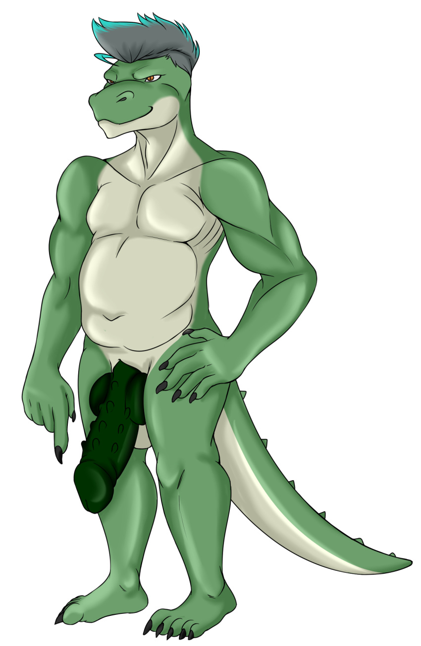 anthro balls big_penis claws crocodile crocodilian crocodylid digital_media_(artwork) erection green_skin hair hi_res knot komodo_dragon lizard male male_only monitor_lizard musclegut muscular nude penis pi9o reptile scalie smile solo