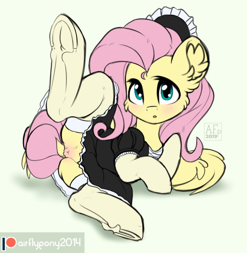 1girls 2019 absurd_res airfly-pony blue_eyes blush cheek_tuft clothed clothed_feral clothing dress equid equine feathered_wings feathers female female_only feral fluttershy_(mlp) friendship_is_magic hair hi_res inner_ear_fluff legwear looking_at_viewer maid maid_uniform mammal my_little_pony open_mouth patreon pink_hair presenting pterippus pussy raised_leg simple_background solo spread_legs spreading thigh_highs tuft uniform wings