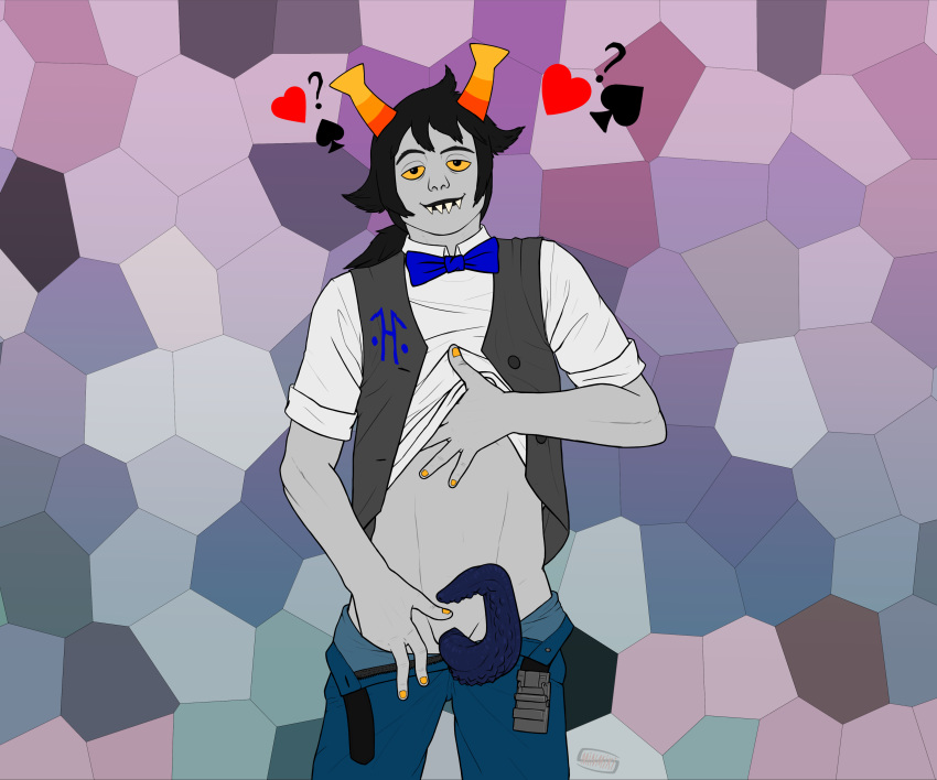 1boy ? absurd_res black_hair clothing grey_skin heart hi_res hiveswap homestuck horns male minmiki ms_paint_adventures ponytail sharp_teeth short_hair solo spade tentabulge troll webcomic yellow_eyes yellow_nails zebruh_codakk